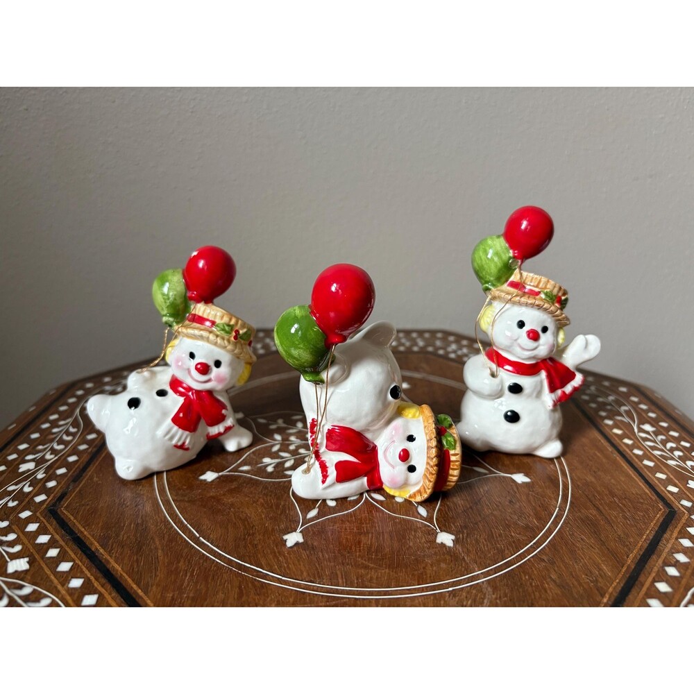 Vintage Set Of 3 Ceramic Christmas Snowmen With Balloons Japan